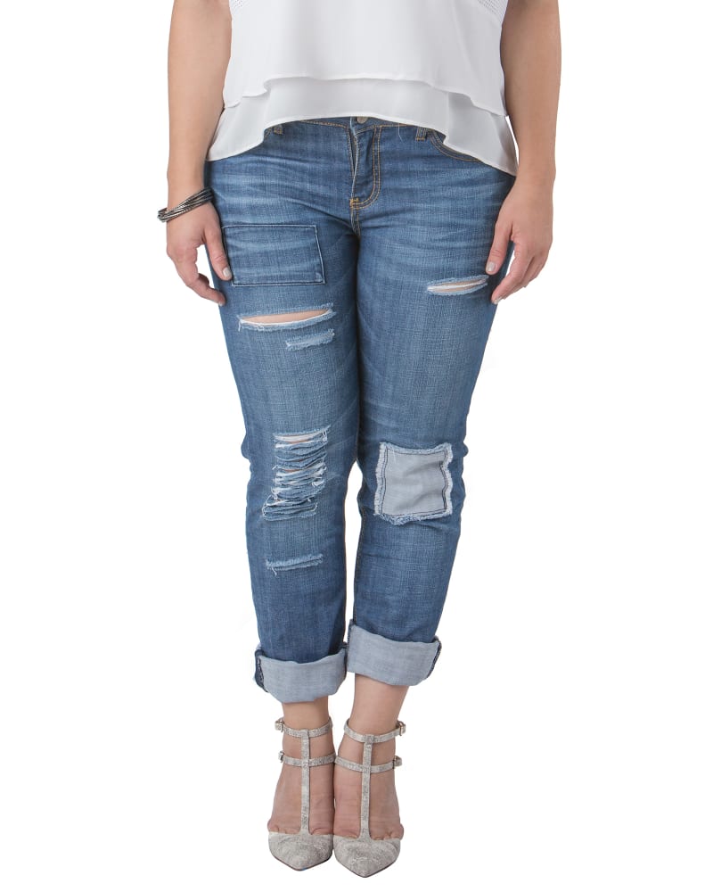 Front of a model wearing a size 14 Nora Distressed Patched Boyfriend Jean in 2812REPAIR by Standards & Practices. | dia_product_style_image_id:276114